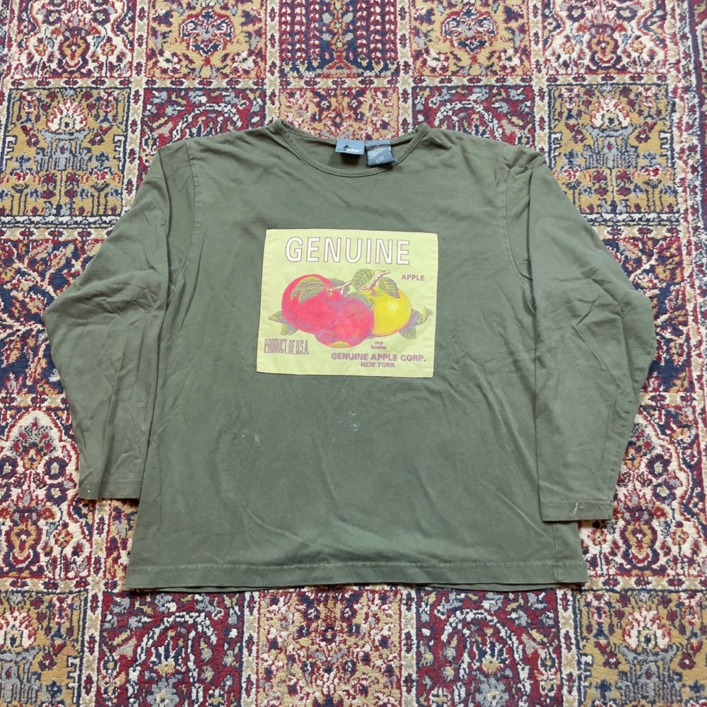 VTG 80s 90s Lizwear Olive Green Long Sleeve Patch T Shirt‎ Apples graphic USA M